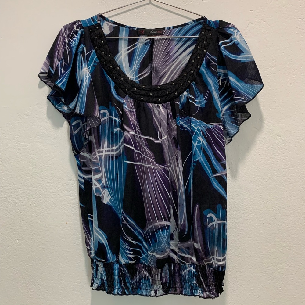 Heart Soul Purple and Blue Flutter Sleeve Blouse